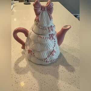 Festive Living Ceramic Tree Pink Bow Teapot NWT